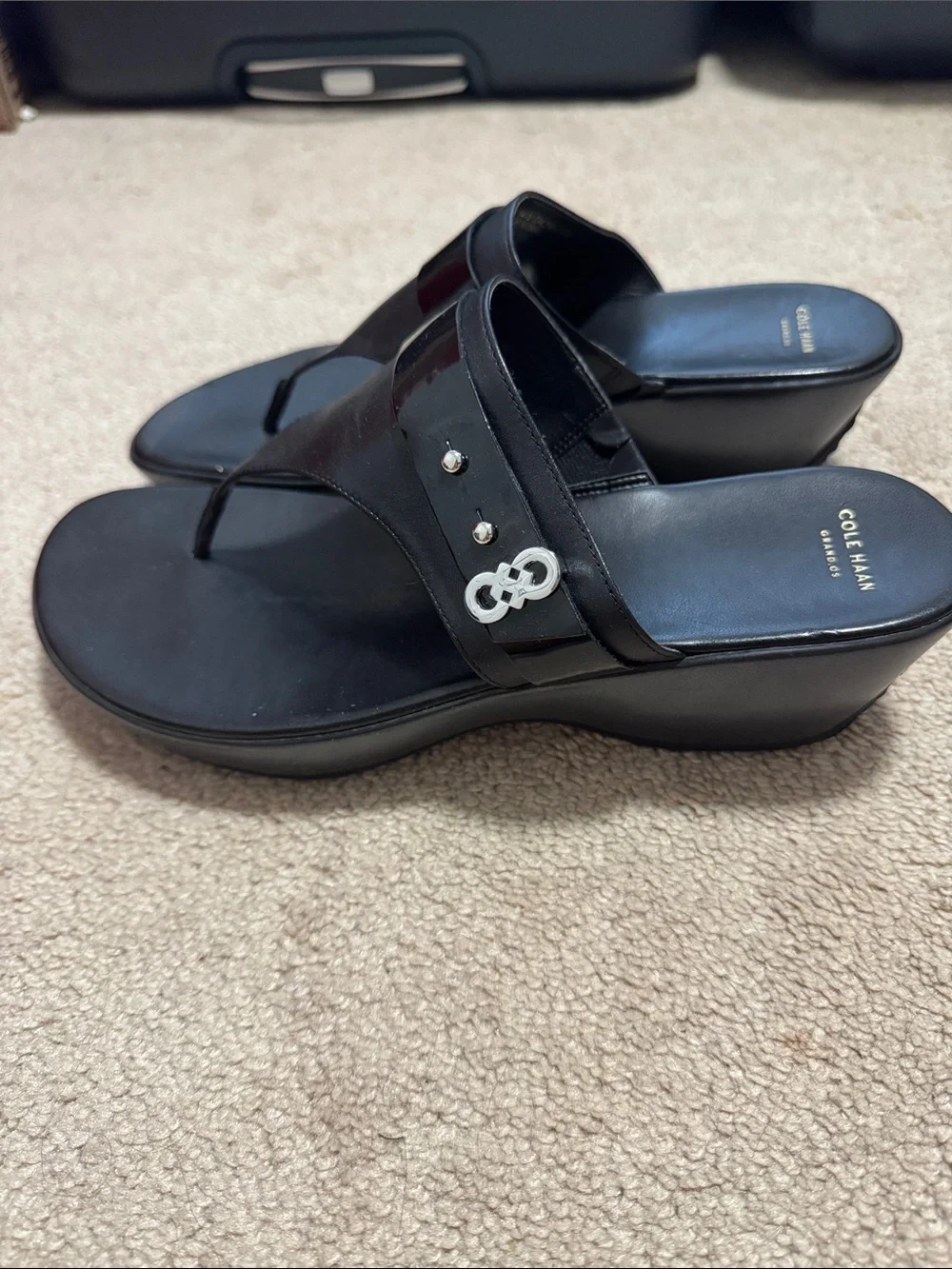 Cole Haan Black Patent Wedge Thong Sandals with Silver Accents